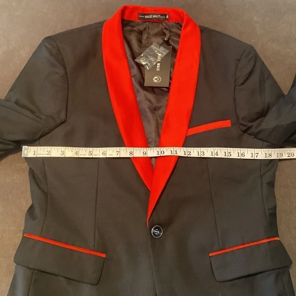 Men’s 3 Piece Slim Fit Tuxedo Black with Red Detail Shawl Lapel Size XS NWT